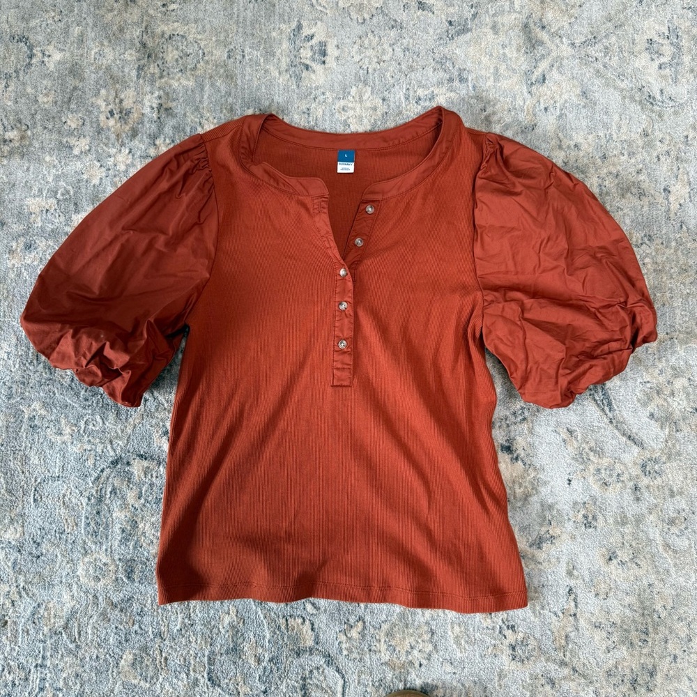 Rust Puff-Sleeve Henley Top - Old Navy